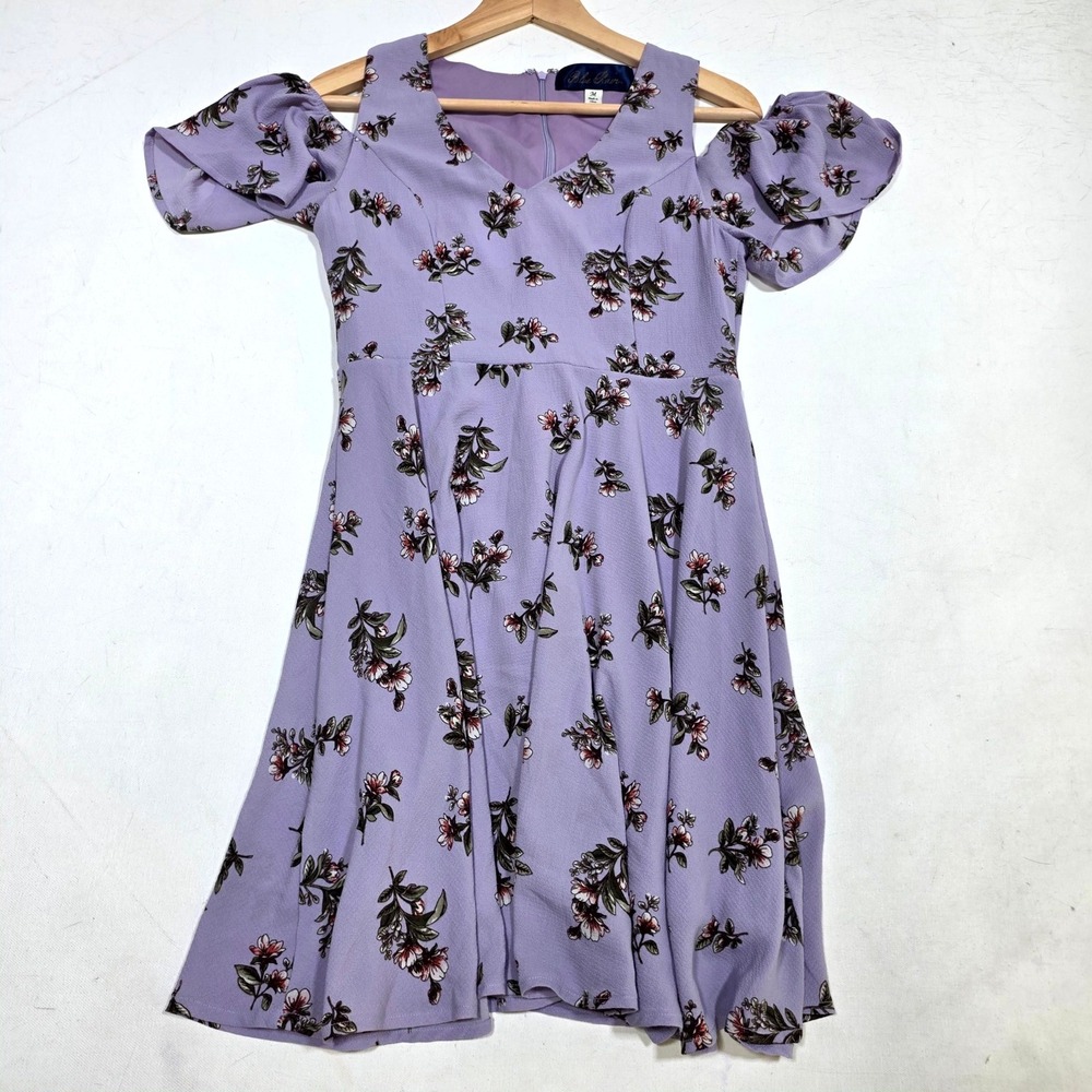 Blue Rain Dress‎ Womens Medium Purple Floral Cold Shoulder V-Neck A-Line Mini